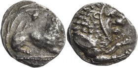 Zotimos, 385 – 380. Stater (didrachm) circa 385-380, AR 6.41 g. Lion lying r.; above, eagle flying r.; in exergue, Cypriot legend off-flan. Rev. zo ti...