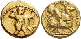 Pumayyaton, 361-312. Hemistater circa 338 BC (year 24), AV 4.14 g. Heracles advancing r., wearing lion’s skin over l. arm and holding club and bow.; i...