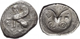 Idalium, Stasikypros, 460-445. 1/3 siglos circa 460-445 BC, AR 3.42 g. sa in Cypriot characters Sphinx, with curved wing, seated l. on tendril with bu...