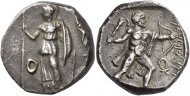 Demonikos, 388 – 387. Siglos circa 388-387 BC, AR 10.91 g. Athena standing facing, head l., holding spear in r. hand and shield in l.; in l. field, O ...