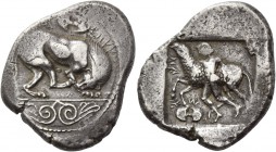 Marium, Samarios (?), 450 BC. Siglos circa 450 BC, AR 11.13 g. sa sa ma o to ka sa to ro in Cypriot characters Lion standing r., licking forepaw: abov...