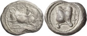 Paphos, Uncertain king, 525 – 480. Siglos circa 525-480, AR 11.33 g. si ro mo [..] se in Cypriot characters Man-faced bull crouching r., head l. Rev. ...