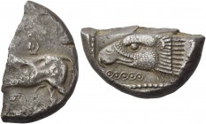 Pny (….), 500 – 480. Fragment of siglos circa 500-480, AR 5.89 g. pu in Cypriot characters Bull standing l. Rev. Head of eagle l.; above, [palmettae] ...