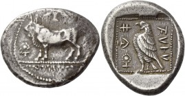 Stasandros, 460 – ???. Siglos 460-???, AR 10.87 g. pa si sa ta sa to in Cypriot characters Bull standing l.; above, solar disc and in l. field, ankh. ...