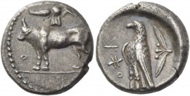 Stasandros, 460 – ???. 1/3 siglos circa 450 BC, AR 2.49 g. mo in Cypriot characters Bull standing l.; above, winged solar disc. Rev. pa sa mo in Cypri...