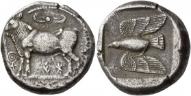 Aristo. (?), late V century. Siglos late V century BC, AR 11.06 g. ari in Cypriot characters Bull standing l.; above, solar disc and in l. field, ankh...