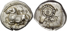Nikodamos, circa 460-450. Siglos circa 460-450, AR 11.32 g. ba si le fo se ni ko da mo in Cypriot characters Ram lying l. Rev. ni la sa ka [..] in Cyp...
