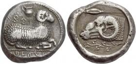 Nikodamos, circa 460-450. Siglos circa 460-450 BC, AR 11.32 g. ba si le fo se ni ko da mo in Cypriot characters Ram lying r.; above, vase. Rev. Ram’s ...