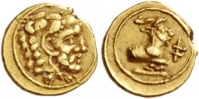 Evagoras I, 411 – 373. 1/10 Stater circa 411-373 BC, AV 0.69 g. Bearded head of Heracles r., wearing lion’s skin headdress. Rev. Forepart of goat lyin...