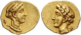 Soloi, King Eunostos, circa 310. 1/12 Stater circa 310, AV 0.69 g. Draped head of Aphrodite r., wearing earring and necklace; in l. field, Cypriot pa....