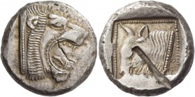 Cyprus, Uncertain mint. Siglos circa 515-485, AR 11.22 g. Head of lion r., with open jaws. Rev. ba fi in Cypriot characters Bull’s head l., within inc...