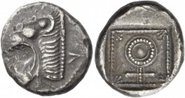 Cyprus, Uncertain mint. 1/3 siglos circa 500-480, AR 3.39 g. go in Cypriot characters Head of lion l., with open jaws. Rev. Ankh; in each corner, spri...