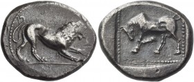 Cyprus, Uncertain mint. Siglos circa 480 BC, AR 10.79 g. Lion crouching r. Rev. Bull standing l.; within incuse square. Traité II –, 1355 var., pl. CX...