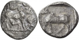Cyprus, Uncertain mint. Siglos circa 480, AR 9.24 g. Cow standing r., suckling her calf; above, eagle flying r.; in r. field, ankh with its top replac...