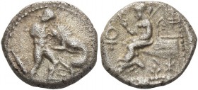 Cyprus, Uncertain mint. King Ari. Diobol circa 350 BC, AR 1.69 g. Heracles r., strangling Nemean lion; in l. field, club. Rev. pa si a ri in Cypriot c...