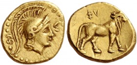 Cyprus, Uncertain mint. King Sa. 1/4 Stater circa 315-312 BC, AV 2.03 g. Head of Athena r., wearing crested Attic helmet; in l. field, B and Σ in r. R...