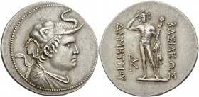Kings of Bactria, Demetrius I circa 200 – 185 BC. Tetradrachm, Panijhir (?) circa 200-190, AR 16.91 g. Draped bust r., wearing elephant headdress. Rev...