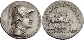 Eucratides circa 170 – 145 BC. Tetradrachm, Balkh circa 160-135, AR 16.77 g. Draped bust r., wearing horned helmet; the whole within fillet border. Re...