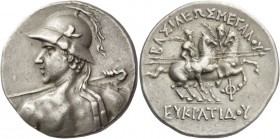 Eucratides circa 170 – 145 BC. Tetradrachm, Merv circa 155-145, AR 15.72 g. Naked, heroic and diademed bust l., seen from behind, wearing horned helme...