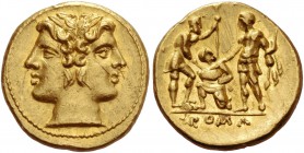 Half-stater circa 218-216, AV 3.41 g. Laureate Janiform head of the Dioscuri. Rev. Oath taking scene with two warriors: one Roman and the other repres...