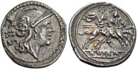 Sestertius circa 214-213, AR 1.07 g. Helmeted head of Roma r.; behind, IIS. Rev. The Dioscuri galloping r.; below, ROMA in linear frame. Sydenham 142....