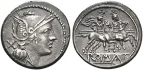 Denarius, South East Italy circa 211-210, AR 4.38 g. Helmeted head of Roma r.; behind, X. Rev. The Dioscuri galloping r.: below, H. In exergue, ROMA i...