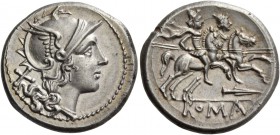 Denarius, South East Italy circa 209, AR 4.67 g. Helmeted head of Roma r.; behind, X. Rev. The Dioscuri galloping r.; below, spearhead set horizontall...