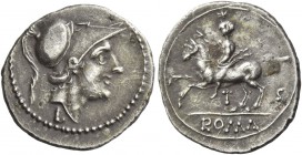 L – T series. Half victoriatus, Luceria 214-212, AR 1.41 g. Head of Minerva r., wearing Corinthian helmet; below, L. Rev. Horseman l.; below, T and be...