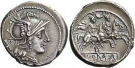 Denarius circa 194-190, AR 4.34 g. Helmeted head of Roma r.; behind, X. Rev. The Dioscuri galloping r.; above, crescent. Below, ROMA in partial tablet...