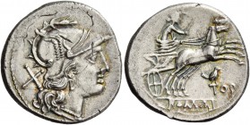 Denarius circa 189-180, AR 3.56 g. Helmeted head of Roma r.; behind, X. Rev. Luna in prancing biga r.; below, TOD with bird perched on T. In exergue, ...