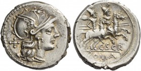 C. Scribonius. Denarius 154, AR 3.61 g. Helmeted head of Roma r.; behind, X. Rev. The Dioscuri galloping r.; below, C·SCR and ROMA in tablet. Babelon ...