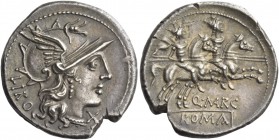 Q. Marcius Libo. Denarius 148, AR 3.90 g. Helmeted head of Roma r., behind, LIBO and below chin, X. Rev. The Dioscuri galloping r.; below horses, Q·MA...