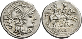 L. Sempronius Pitio. Denarius 148, AR 3.94 g. Helmeted head of Roma r.; behind, PITIO and below chin, X. Rev. The Dioscuri galloping r.; below, L·SEMP...