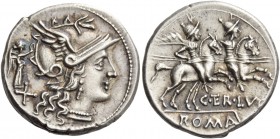 C. Terentius Lucanus. Denarius 147, AR 3.73 g. Helmeted head of Roma r., wreathed by Victory standing r. behind her. In lower l. field, X. Rev. The Di...