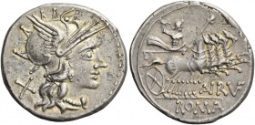 T. Annius Rufus. Denarius 144, AR 3.91 g. Helmeted head of Roma r.; behind, X. Rev. Jupiter in prancing quadriga r., holding sceptre and hurling thund...