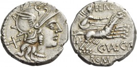 C. Valerius Flaccus. Denarius 140, AR 3.95 g. Helmeted head of Roma r.; behind, X. Rev. FLAC Victory in biga r.; below horses, C·VAL·C·F and ROMA in p...