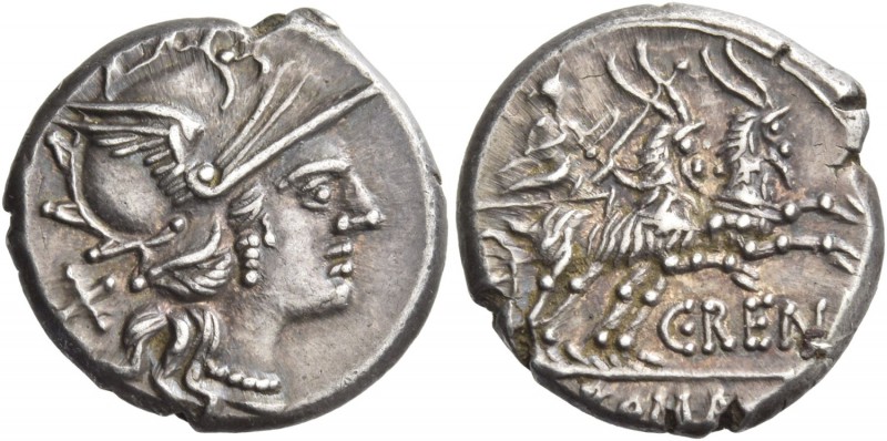 C. Renius. Denarius 138, AR 4.08 g. Helmeted head of Roma r.; behind, X. Rev. Ju...