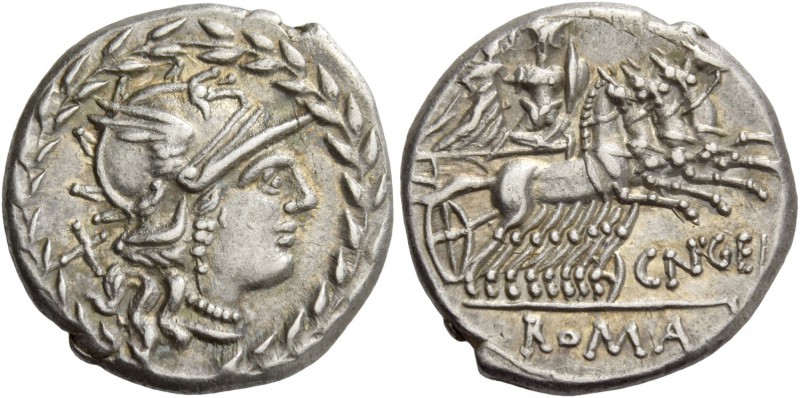 Cn. Gellius. Denarius 138, AR 3.87 g. Helmeted head of Roma r.; behind, X. All w...