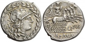 Cn. Gellius. Denarius 138, AR 3.87 g. Helmeted head of Roma r.; behind, X. All within laurel wreath. Rev. Warrior in quadriga r., holding shield and g...