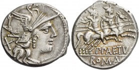 P. Paetus. Denarius 138, AR 3.93 g. Helmeted head of Roma r.; behind, X. Rev. The Dioscuri galloping r.; below, P·PAETV[S] and in exergue, ROMA. Babel...
