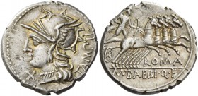 M. Baebius Q.f. Tampilus. Denarius 137, AR 3.95 g. Helmeted head of Roma l.; below chin, X. Behind, TAMPIL. Rev. Apollo in prancing quadriga r., holdi...