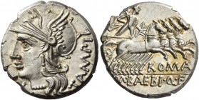 M. Baebius Q.f. Tampilus. Denarius 137, AR 3.94 g. Helmeted head of Roma l., wearing necklace of beads; below chin, X. Behind, TAMPIL. Rev. Apollo in ...