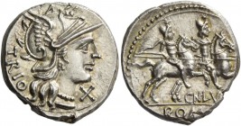 Cn. Lucretius Trio. Denarius 136, AR 3.98 g. Helmeted head of Roma r.; below chin, X and behind, TRIO. Rev. The Dioscuri galloping r., below, CN·LV[CR...