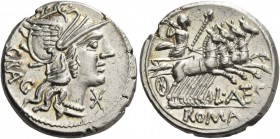 L. Antestius Gragulus. Denarius 136, AR 3.88 g. Helmeted head of Roma r.; below chin, Ú and behind, GRAG. Rev. Jupiter in fast quadriga r., hurling th...