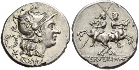 C. Serveilius M. f. Denarius 136, AR 3.91 g. Helmeted head of Roma r.; behind, wreath and mark of value Ú. Below, ROMA. Rev. The Dioscuri galloping ap...