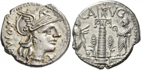 C. Minucius Augurinus. Denarius 135, AR 3.97 g. Helmeted head of Roma r.; below chin, X and behind, ROMA. Rev. C·A – VG Ionic column surmounted by sta...