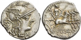 C. Aburius Gem. Denarius 134, AR 3.94 g. Helmeted head of Roma r.; below chin, Ú and behind, GEM. Rev. Mars in quadriga r., holding spear, shield, tro...