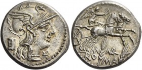 M. Marcius Mn. f. Denarius 134, AR 3.93 g. Helmeted head of Roma r.; behind, modius and below chin, Ú. Rev. Victory in biga r., holding reins and whip...