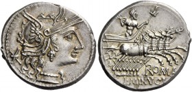 L. Minucius. Denarius 133, AR 3.91 g. Helmeted head of Roma r.; behind, Ú. Rev. Jupiter in prancing quadriga r., hurling thunderbolt and holding scept...