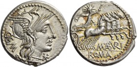 M. Aburius M. f. Gem. Denarius 132, AR 3.91 g. Helmeted head of Roma r.; below chin, Ú and behind, GEM. Rev. Sol in quadriga r., holding whip and rein...